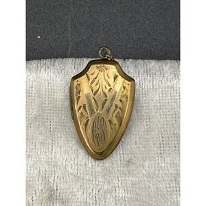 Vintage Gold Tone Locket Shield Unmarked Pendant Engraved Gold Tone